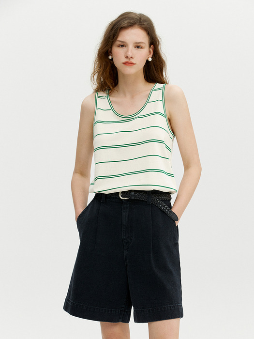 PANTHEON Basic sleeveless top (Ivory&Green stripe)