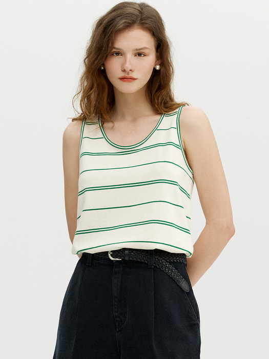 PANTHEON Basic sleeveless top (Ivory&Green stripe)