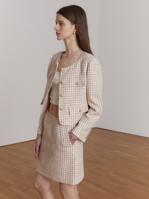 SABRINA Crop Tweed Jacket [Japan Fabric] _Coral Tweed