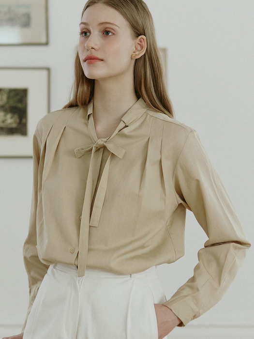 Bow Tie Pintuck Blouse - Beige