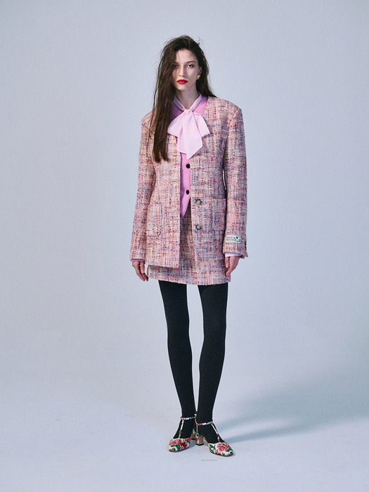 WOOL JACKET COLLARLESS CHECK_PINK