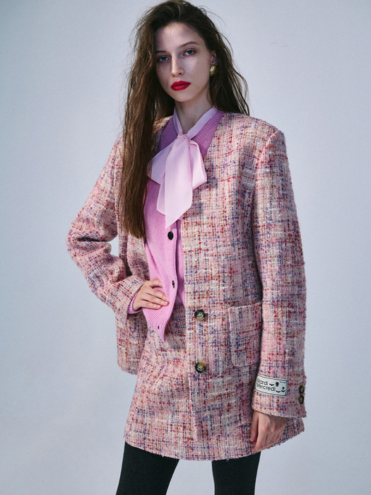 WOOL JACKET COLLARLESS CHECK_PINK