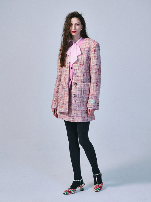 WOOL JACKET COLLARLESS CHECK_PINK