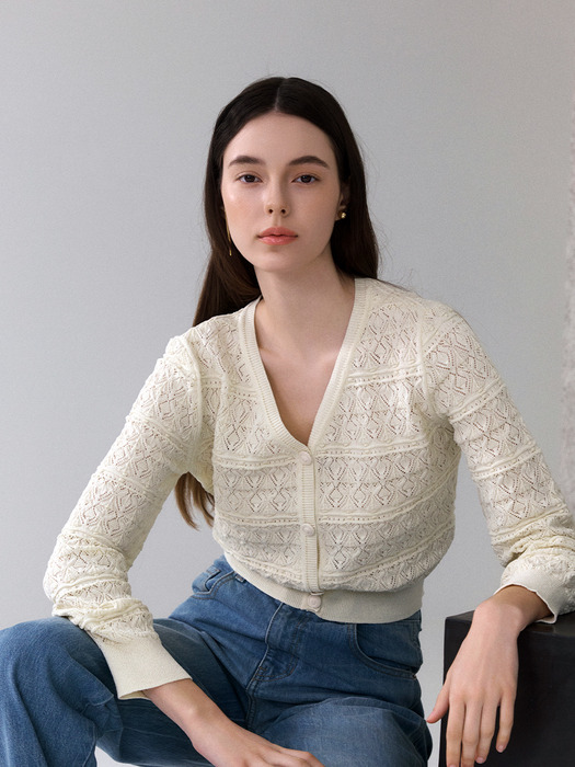 Crochet v-neck cardigan - Cream