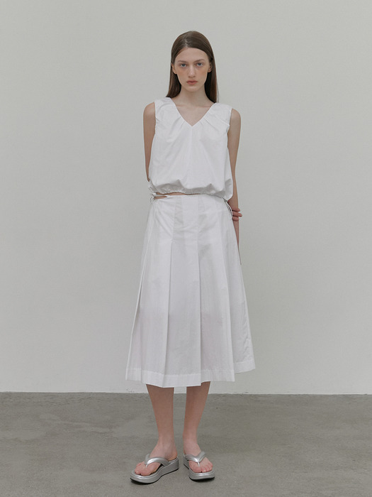 Strap Pleats Midi Skirt, White