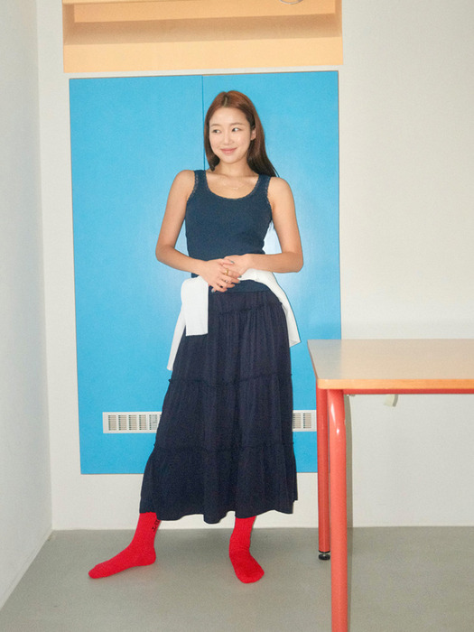 Maxi Shirring Flare Skirt (NAVY)