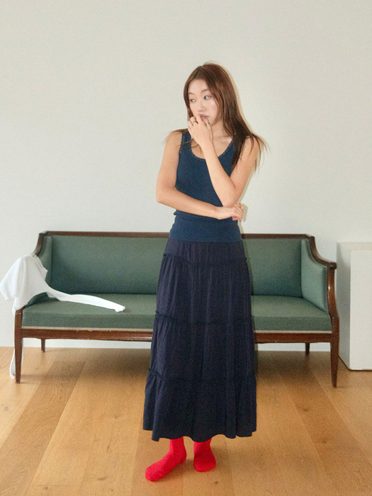 Maxi Shirring Flare Skirt (NAVY)