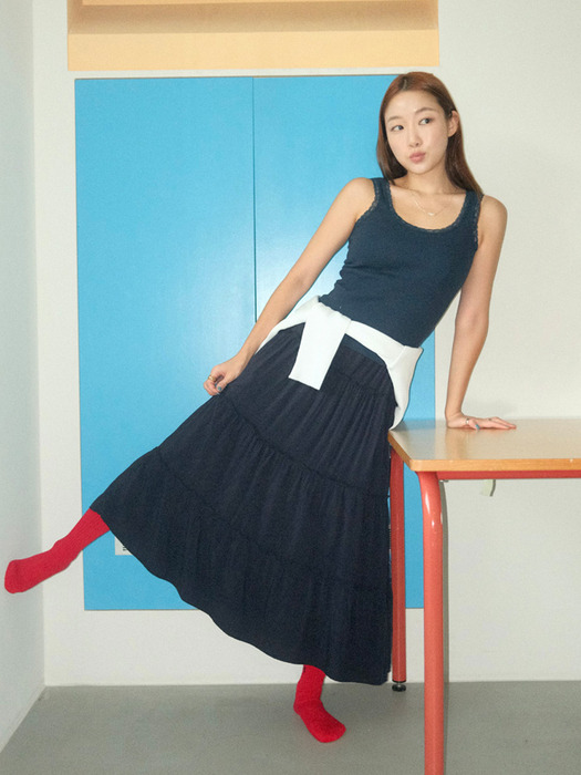 Maxi Shirring Flare Skirt (NAVY)