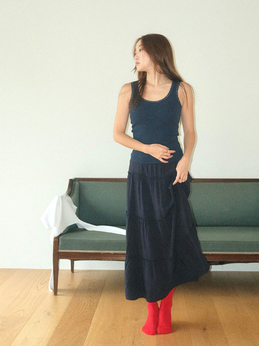 Maxi Shirring Flare Skirt (NAVY)