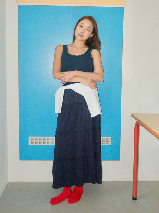 Maxi Shirring Flare Skirt (NAVY)