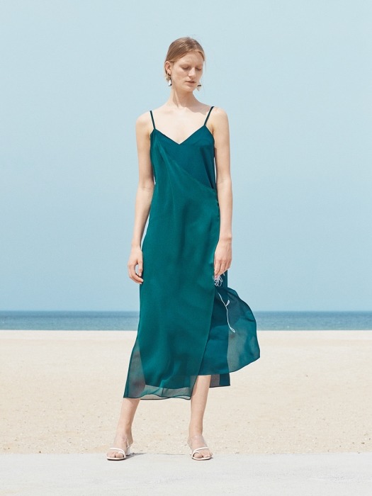 ROSE DRAWING UNBALANCE SLIP DRESS_BLUISH GREEN