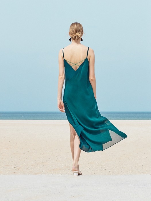 ROSE DRAWING UNBALANCE SLIP DRESS_BLUISH GREEN