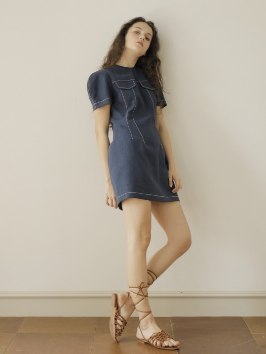 19SS LINEN MINI DRESS /NAVY