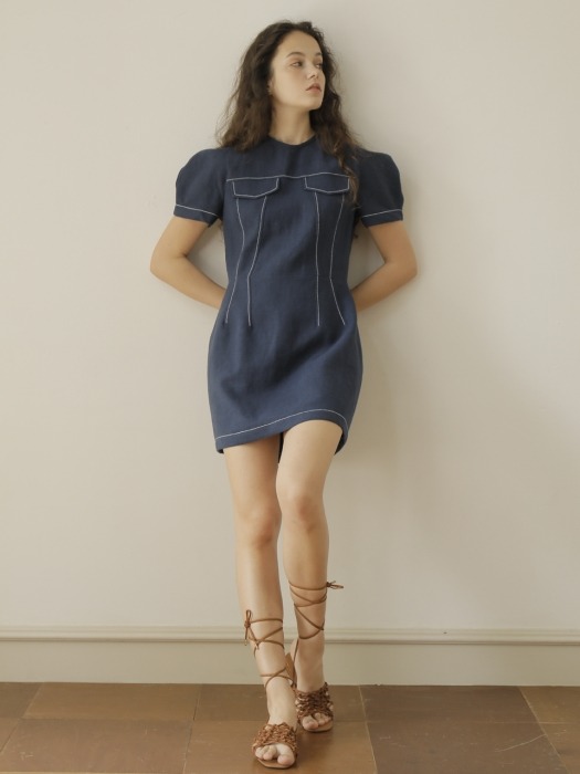 19SS LINEN MINI DRESS /NAVY