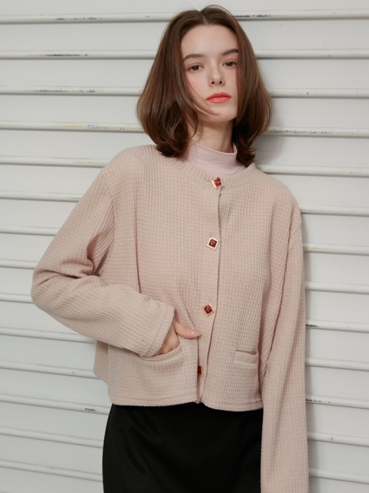 [By Joorti] J398 waffle short cardigan (beige)