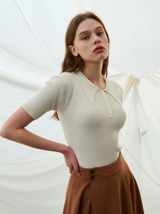 collar point knit top (ivory)