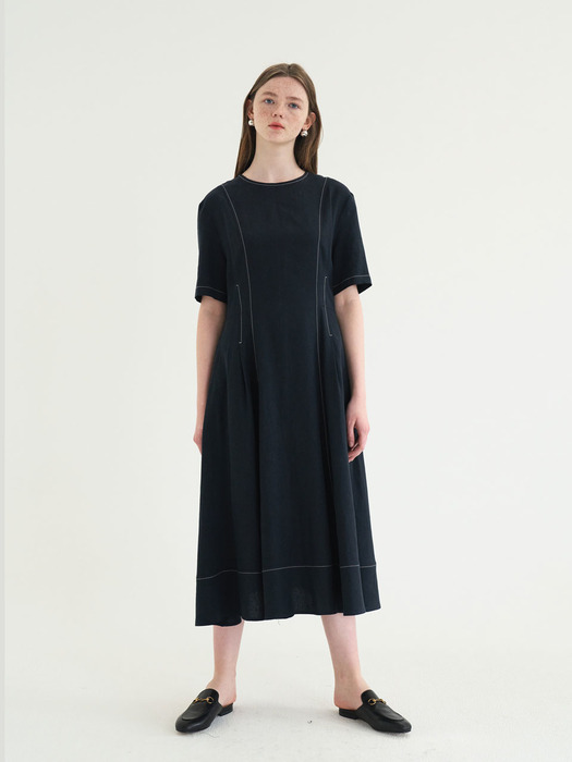 20 SUMMER_Navy Linen Flare Stitch Dress