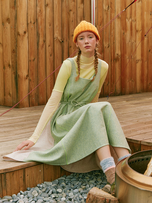 Colour blocked Wool Dress_Pastel Green+Oatmeal