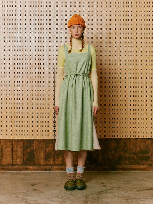 Colour blocked Wool Dress_Pastel Green+Oatmeal