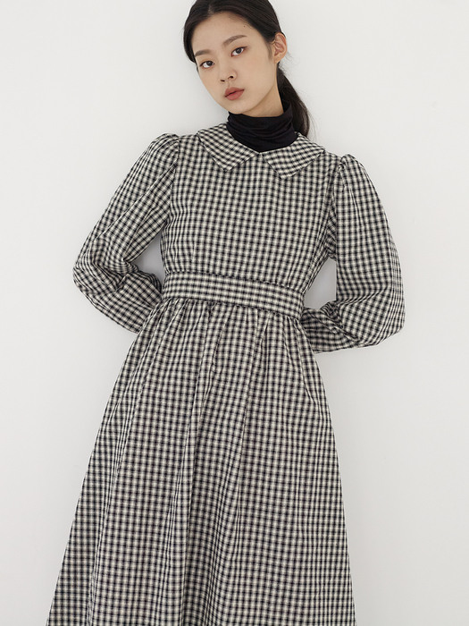 COLLAR FLARE ONE-PIECE CHECK BLACK