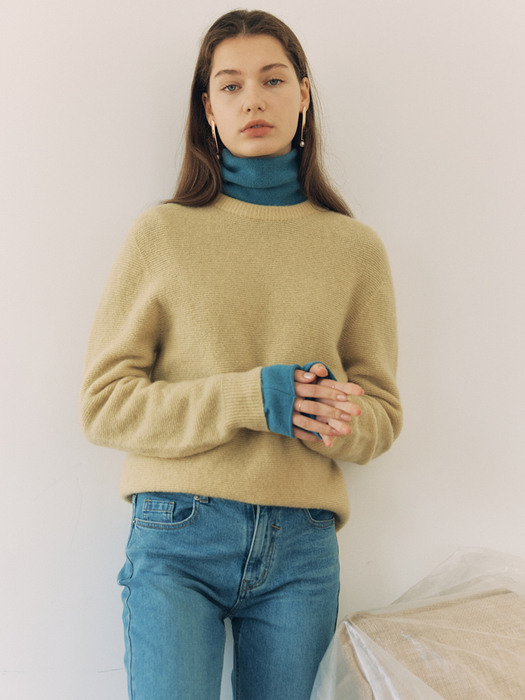 [FRONTROW x RePLAIN] Wholegarment Cashmere Blend Sweater + Mid-rise Straight Jeans_Blue SET