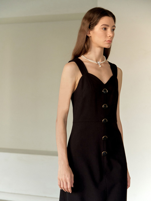 Black Slip Dress with Round Gold Button Details