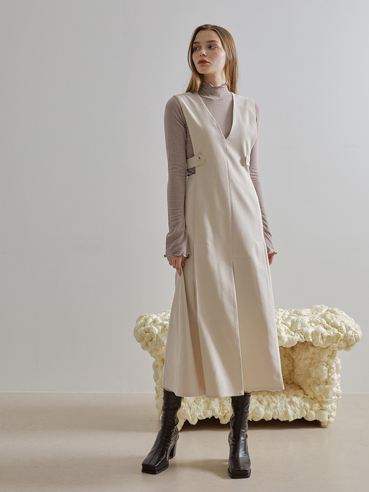 Inverted Pleats Sleeveless Dress, Cream
