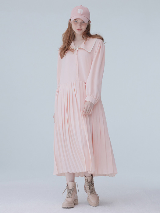[단독]Ribbon long pleats dress 002 Pink