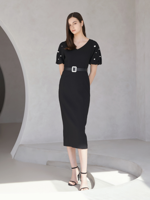 MILANA / Ribbon Point Jewel Belted Dress(black)