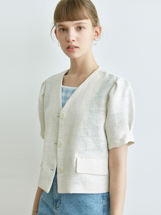 HALF SLEEVE TWEED JACKET_SKY BLUE