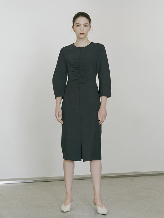Round Sleeve Shirring Dress - Black
