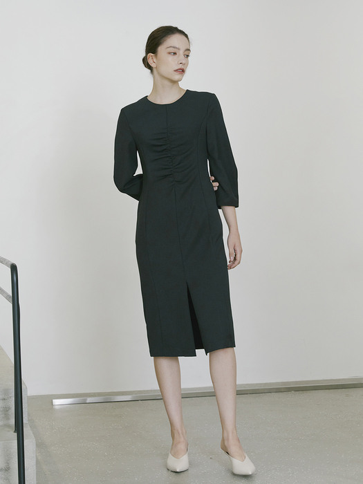 Round Sleeve Shirring Dress - Black