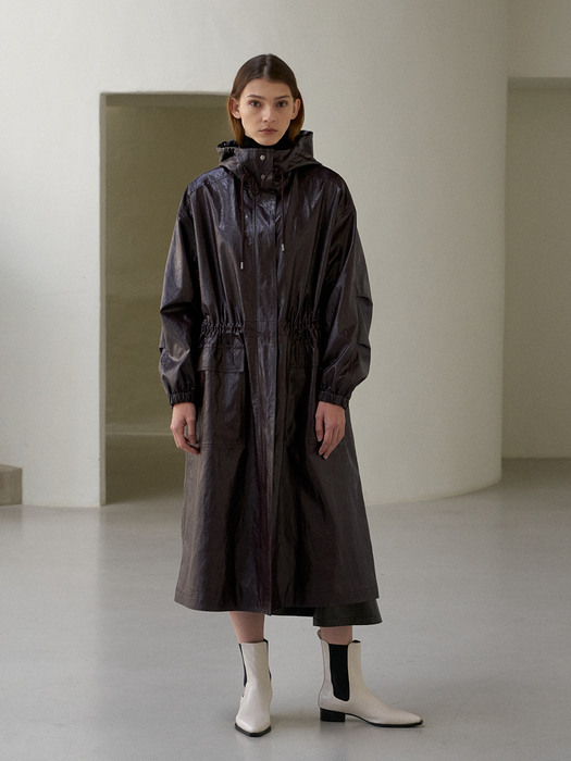 Eco leather hood coat  에코 레더 후드 코트 red brown