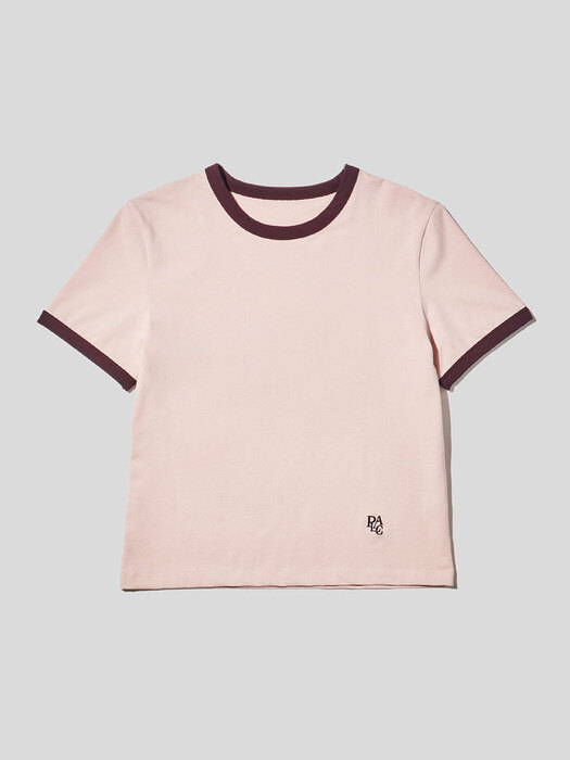 넥 슬리브 컬러 포인트 그래픽 티셔츠 다크 핑크