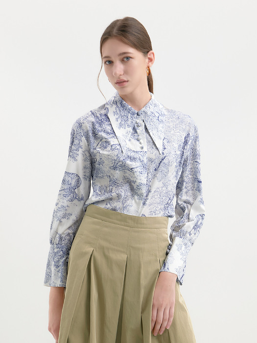 22FW POINTED COLLAR BLOUSE-BLUE PRINT