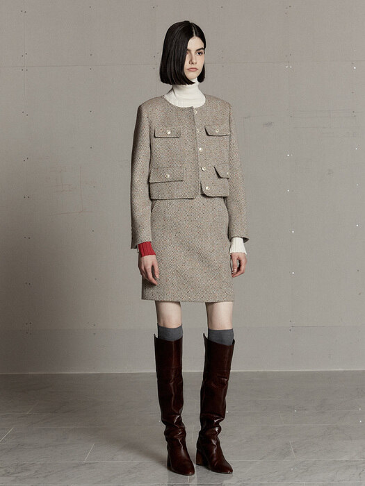 LOREN Crop Wool Tweed Jacket_Beige