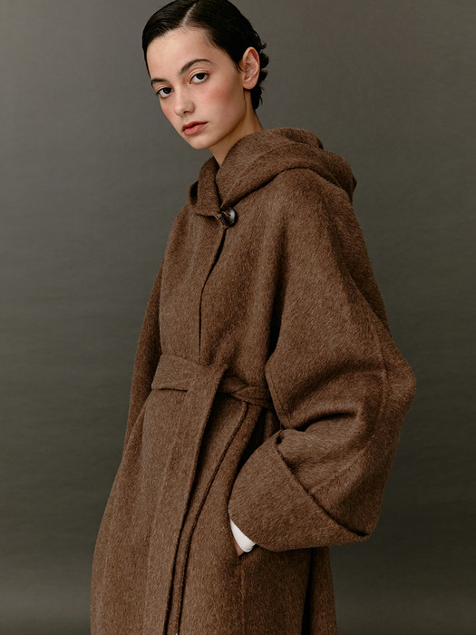 TWF WOOL SHAWL HOODED COAT [HAND MADE] BROWN