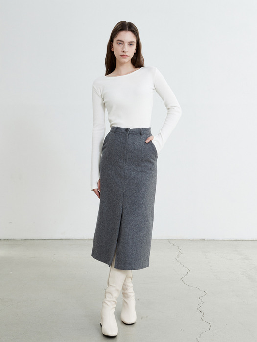 AD030 wool H-line slit skirt (charcoal)