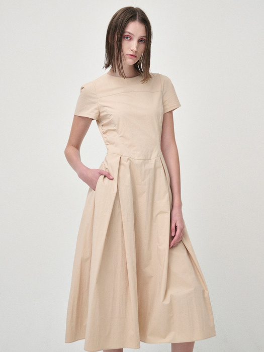 ワンピース ETMON Side Shirring Pintuck Dress, Yellow Beige 에트몽]Side Shirring Pintuck Dress, Yellow Beige