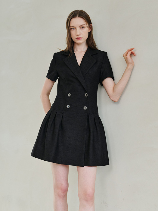 Tweed Double Button Dress -  Black