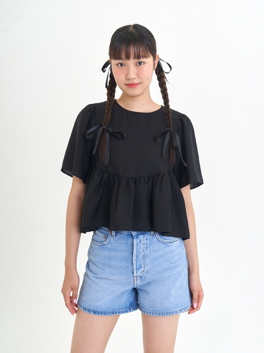 Wavy crop tencel blouse (black)