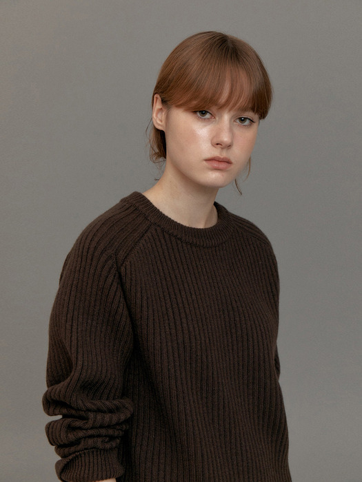 CASHMERE RIBBED BASIC KNIT (BROWN)