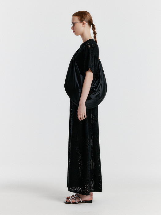 YITZU Panelled Lace Knit Long Dress - Black