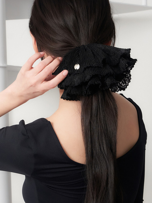 black lace pleats scrunchie - L size
