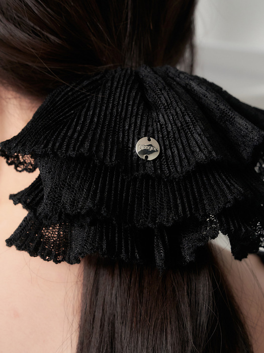 black lace pleats scrunchie - L size