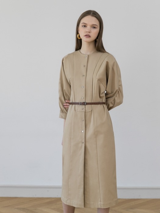 Silver contrast button belted beige dress