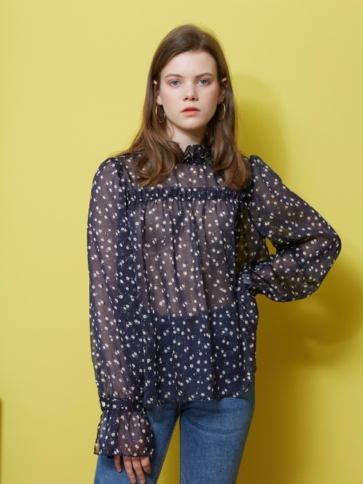 SHIRRING POINT SEE-THROUGH BLOUSE_NAVY