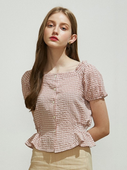iuw435 Shoulder smoked check blouse (pink)