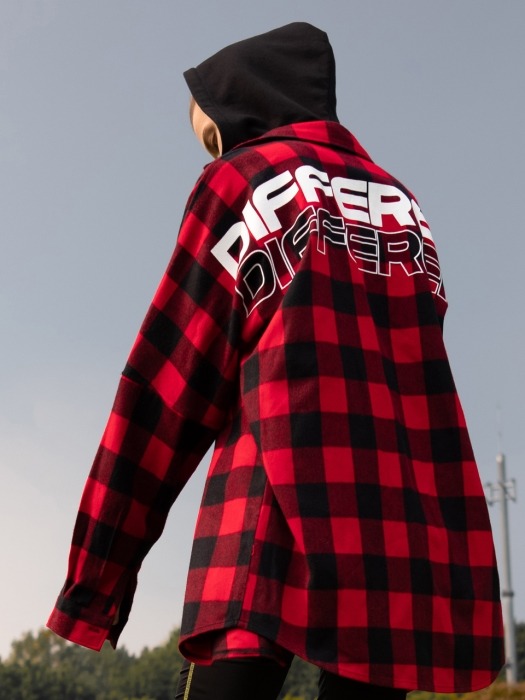 [UNISEX] DIFFERENT LETTERED CHECK HOOD SHIRT RED