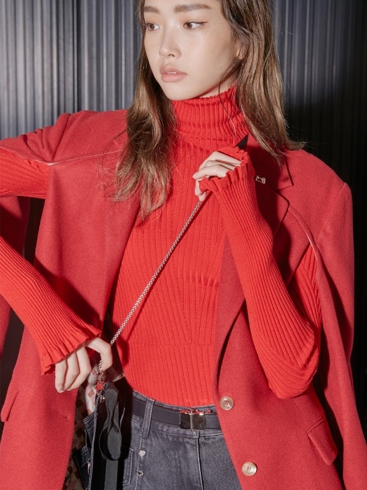 Red Flounced- Cuff Ribbed-Knit Sweater